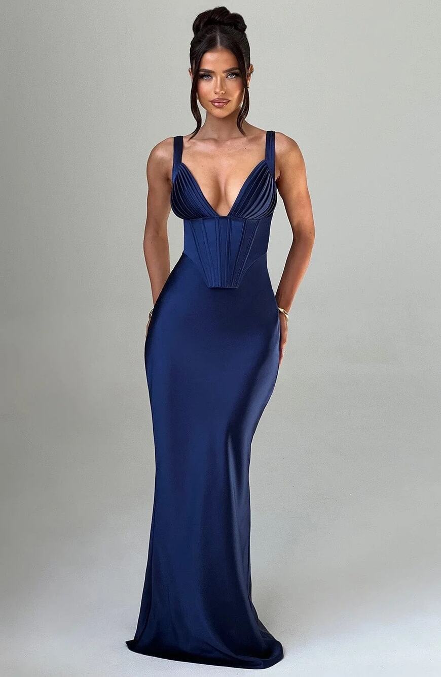 NWT Babyboo Shae Navy Blue Satin Corset Lace Up Back Maxi Dress Womens Size XS